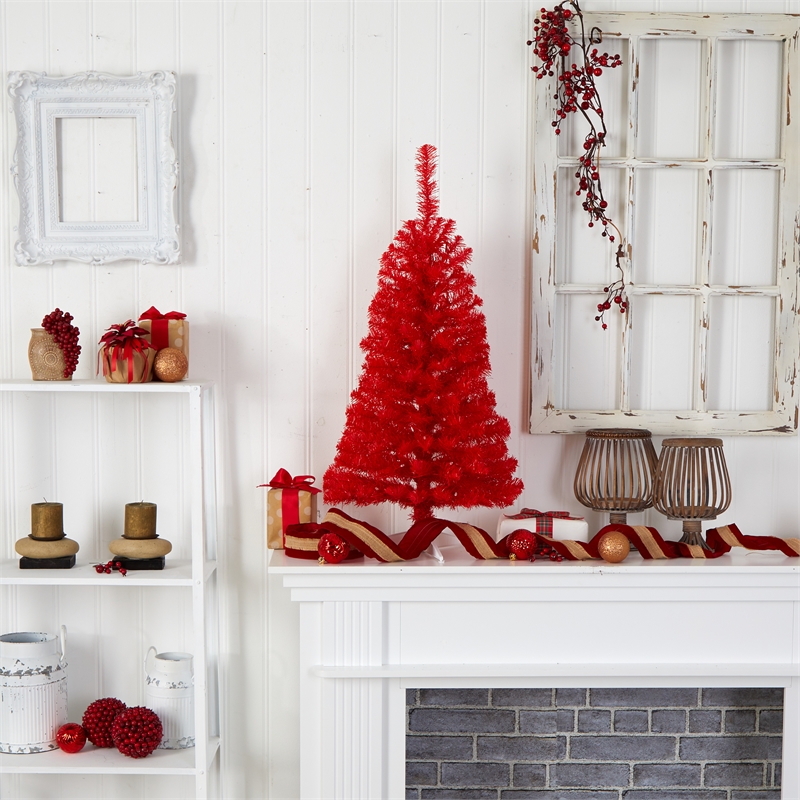 Nearly Natural 3ft Red Artificial Christmas Tree with 50 LED Lights