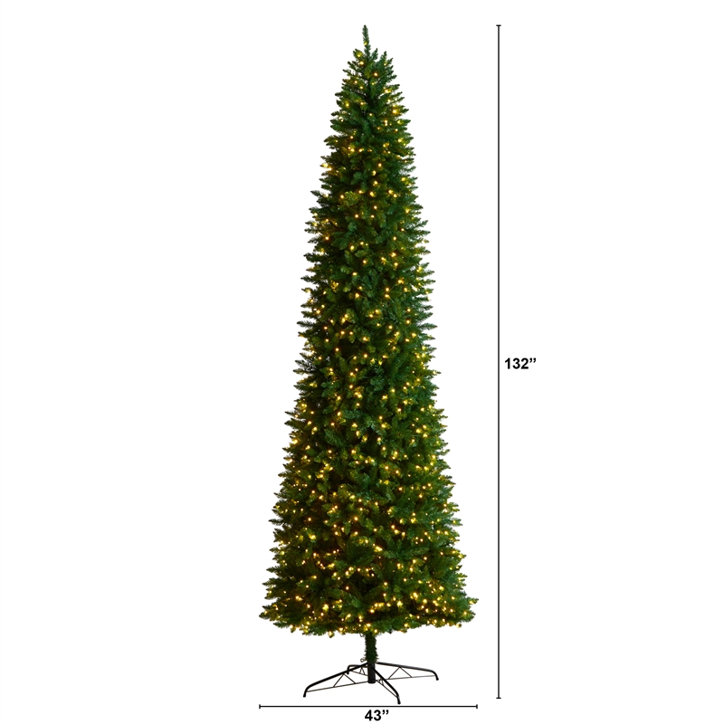 Nearly Natural 11ft Slim Green Mountain Pine Christmas Tree w/ 950 Clear LED