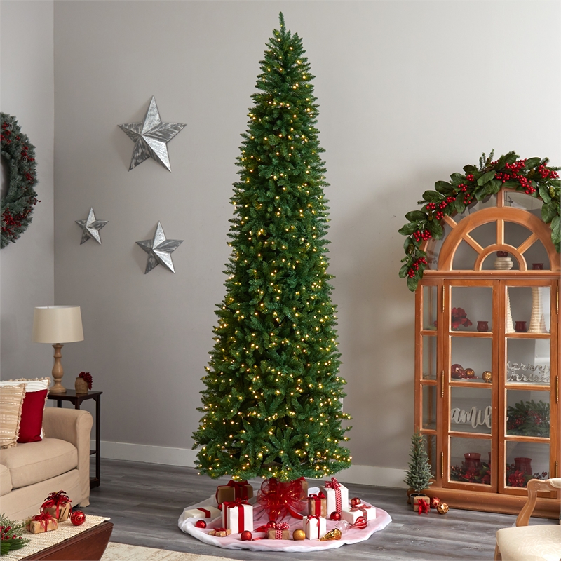 Nearly Natural 11ft Slim Green Mountain Pine Christmas Tree w/ 950 Clear LED