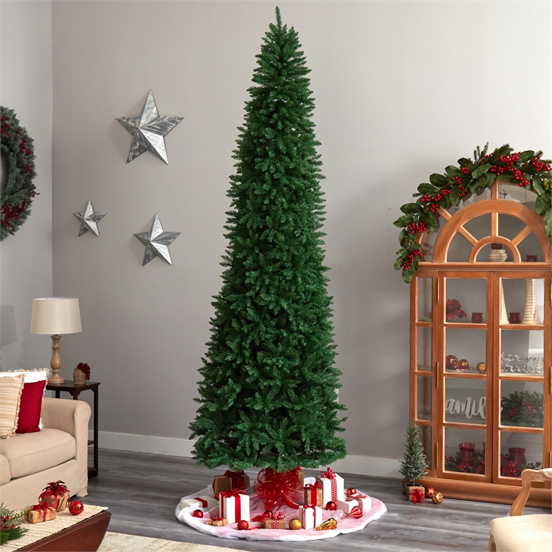 Nearly Natural 11ft Slim Green Mountain Pine Christmas Tree w/ 950 Clear LED