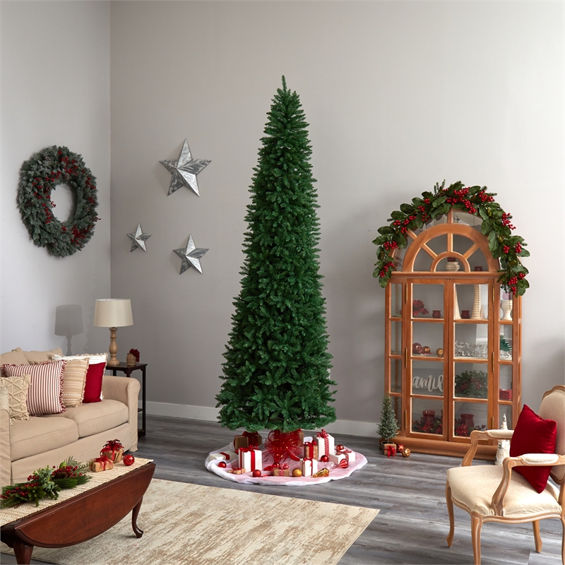 Nearly Natural 11ft Slim Green Mountain Pine Christmas Tree w/ 950 Clear LED