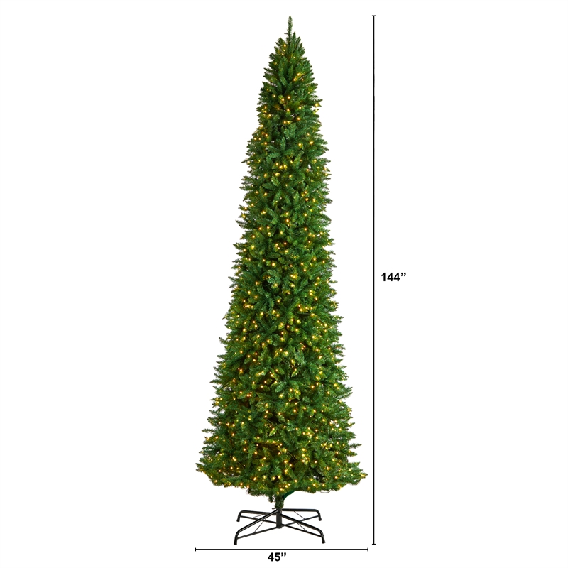Nearly Natural 12ft Slim Green Mountain Pine Christmas Tree w/ 1100 Clear LED