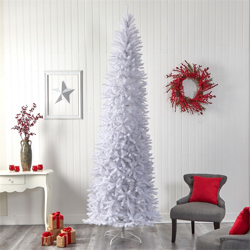 Nearly Natural 10ft Slim White Christmas Tree with 800 Warm White LED Lights