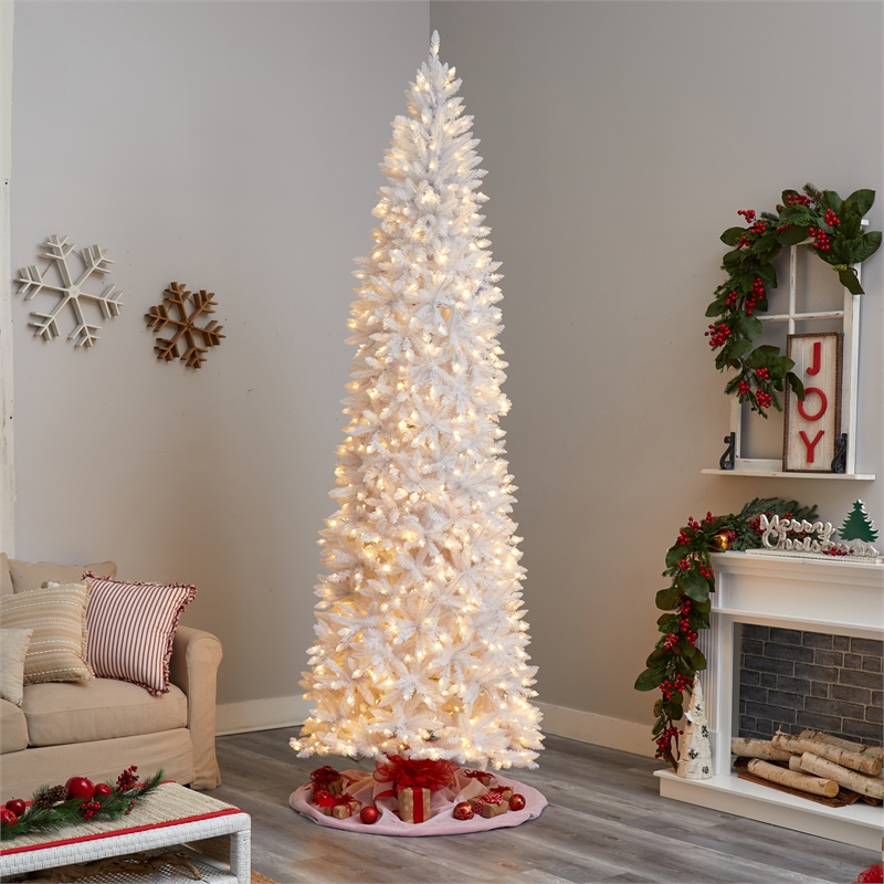 Nearly Natural 10ft Slim White Christmas Tree with 800 Warm White LED Lights
