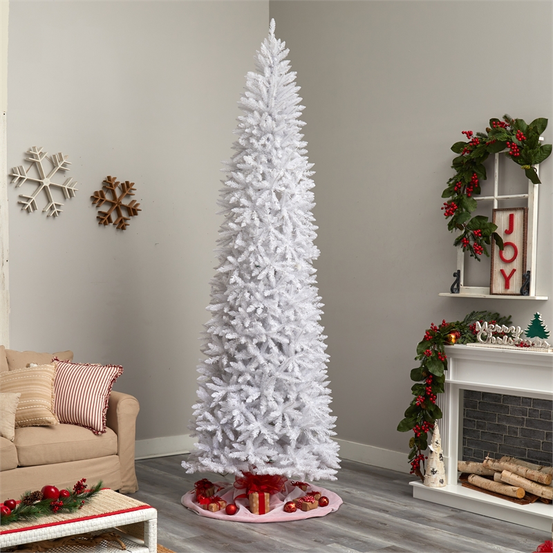 Nearly Natural 10ft Slim White Christmas Tree with 800 Warm White LED Lights