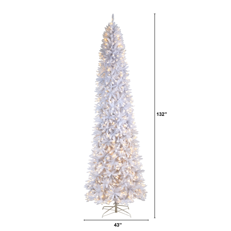Nearly Natural 11ft Slim White Christmas Tree with 950 Warm White LED Lights