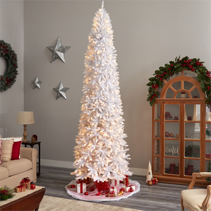 Nearly Natural 11ft Slim White Christmas Tree with 950 Warm White LED Lights