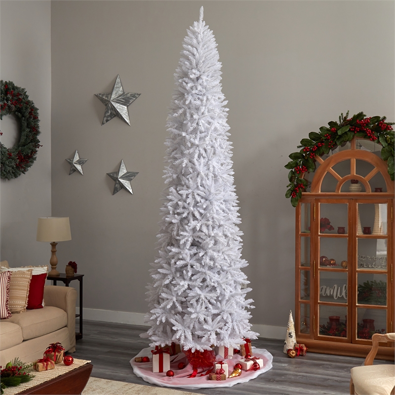 Nearly Natural 11ft Slim White Christmas Tree with 950 Warm White LED Lights