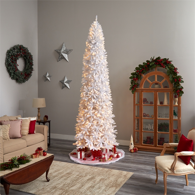 Nearly Natural 11ft Slim White Christmas Tree with 950 Warm White LED Lights