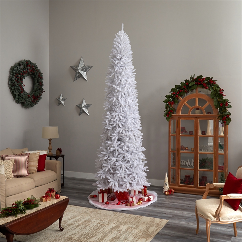 Nearly Natural 11ft Slim White Christmas Tree with 950 Warm White LED Lights