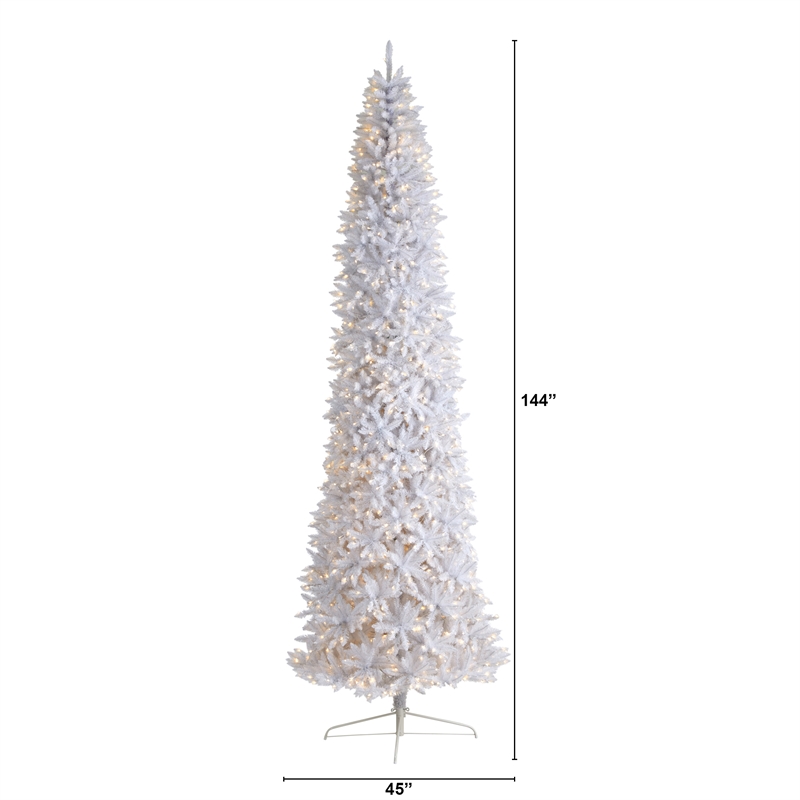 Nearly Natural 12ft Slim White Christmas Tree with 1100 Warm White LED Lights