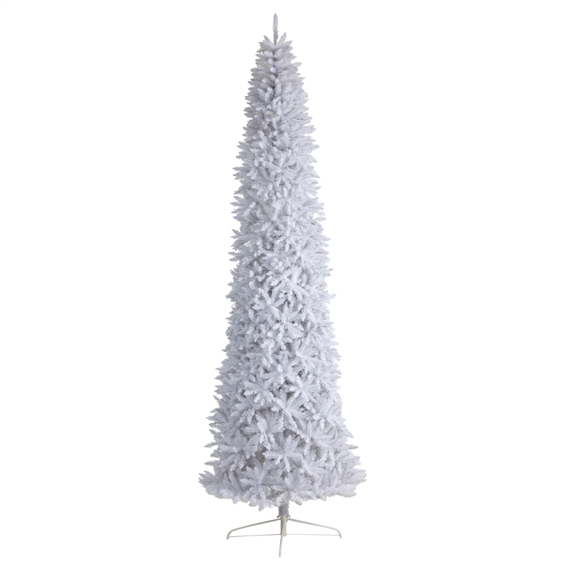 Nearly Natural 12ft Slim White Christmas Tree with 1100 Warm White LED Lights