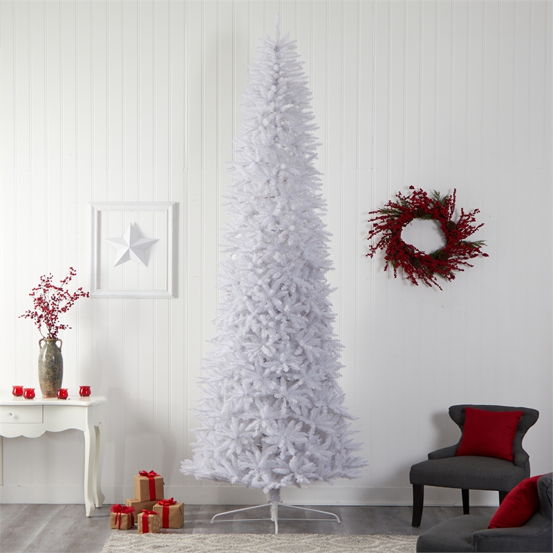 Nearly Natural 12ft Slim White Christmas Tree with 1100 Warm White LED Lights