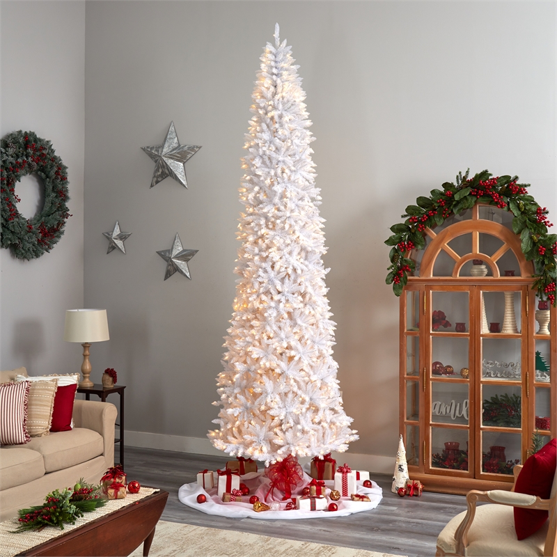 Nearly Natural 12ft Slim White Christmas Tree with 1100 Warm White LED Lights