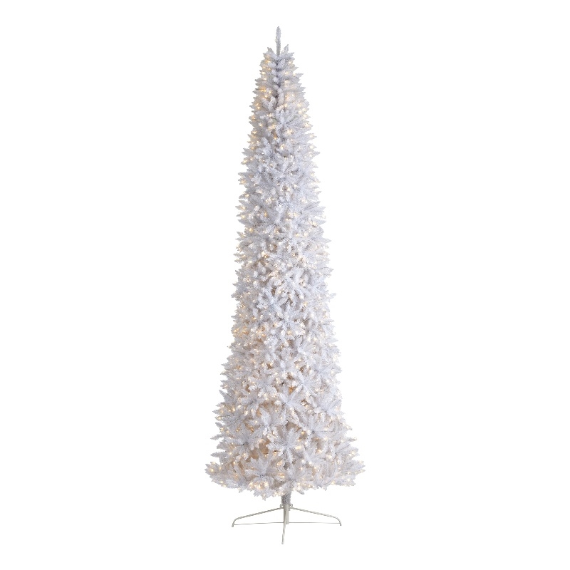 Nearly Natural 12ft Slim White Christmas Tree with 1100 Warm White LED Lights
