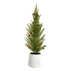 Nearly Natural 20&quot Cedar Pine Natural Look Tree with Mini Pine Cones in Planter