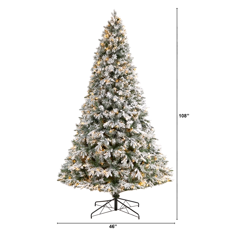 Nearly Natural 9ft Flocked Vermont Mixed Pine Christmas Tree w/ 650 LED Lights
