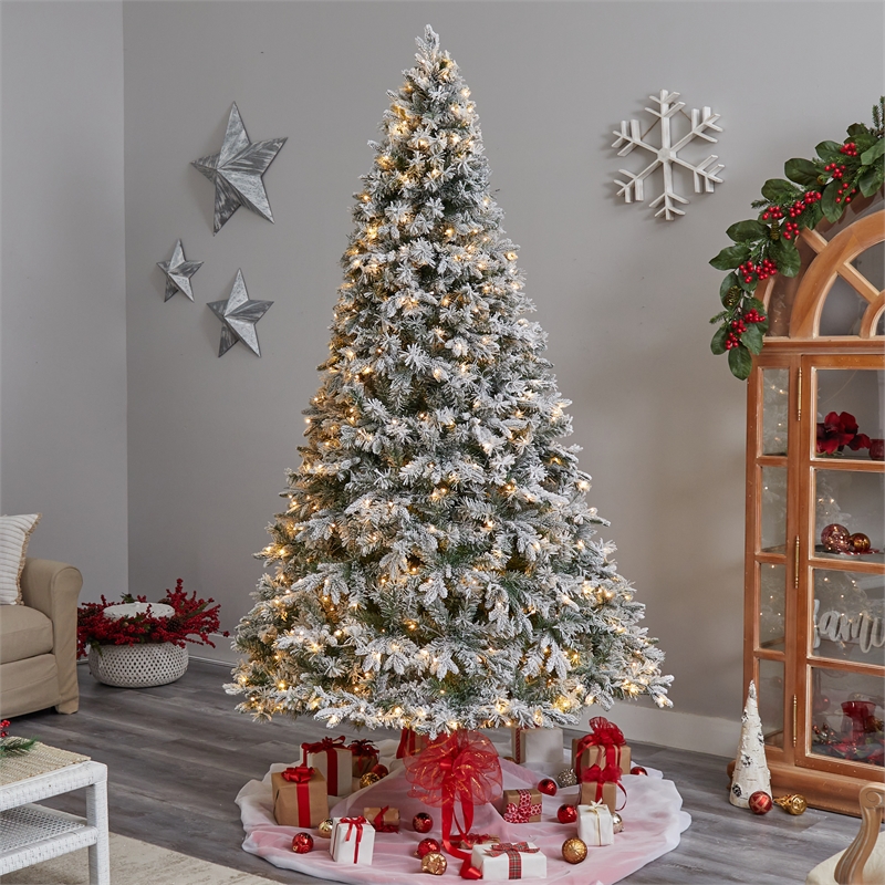 Nearly Natural 9ft Flocked Vermont Mixed Pine Christmas Tree w/ 650 LED Lights