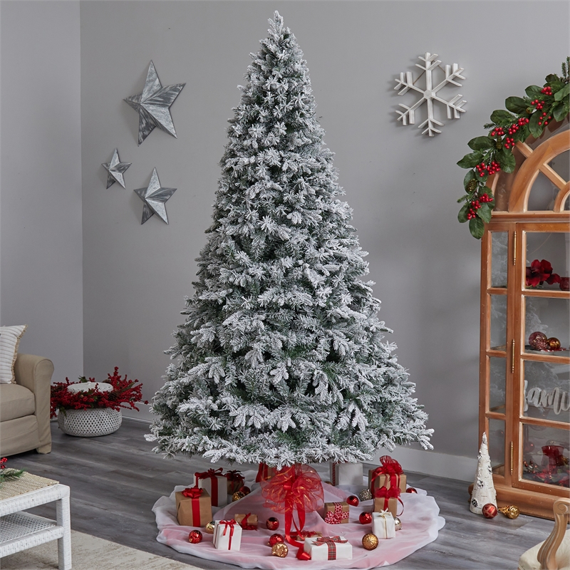 Nearly Natural 9ft Flocked Vermont Mixed Pine Christmas Tree w/ 650 LED Lights