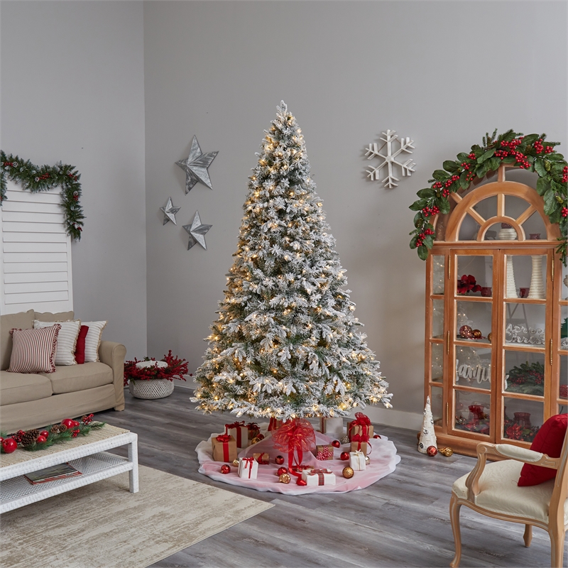 Nearly Natural 9ft Flocked Vermont Mixed Pine Christmas Tree w/ 650 LED Lights