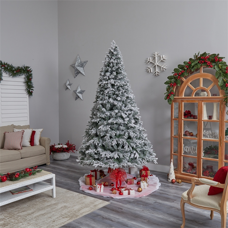Nearly Natural 9ft Flocked Vermont Mixed Pine Christmas Tree w/ 650 LED Lights