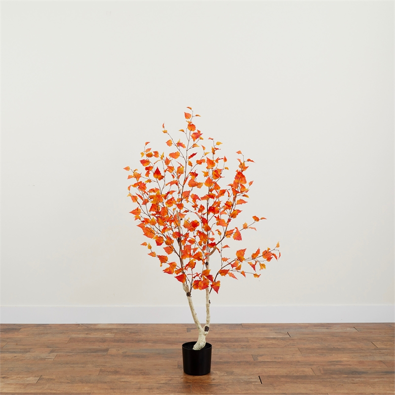 Nearly Natural 5ft Autumn Birch Artificial Fall Tree in Orange