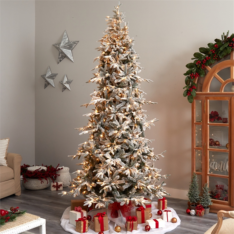 Nearly Natural 9.5ft Flocked Manchester Spruce Christmas Tree w/ 650 Lights