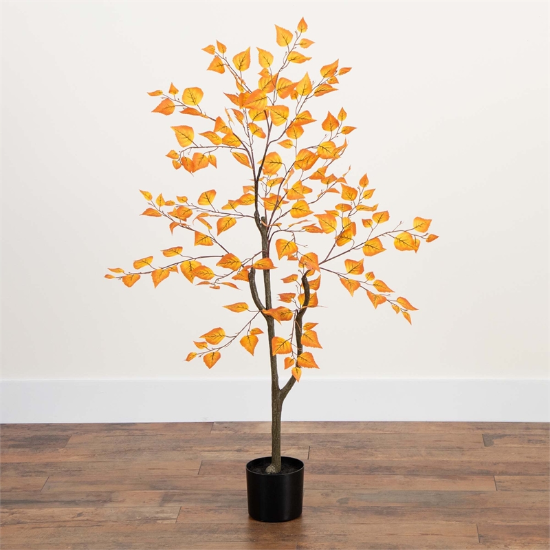 Nearly Natural 4ft Autumn Birch Leaf Artificial Fall Tree in Orange