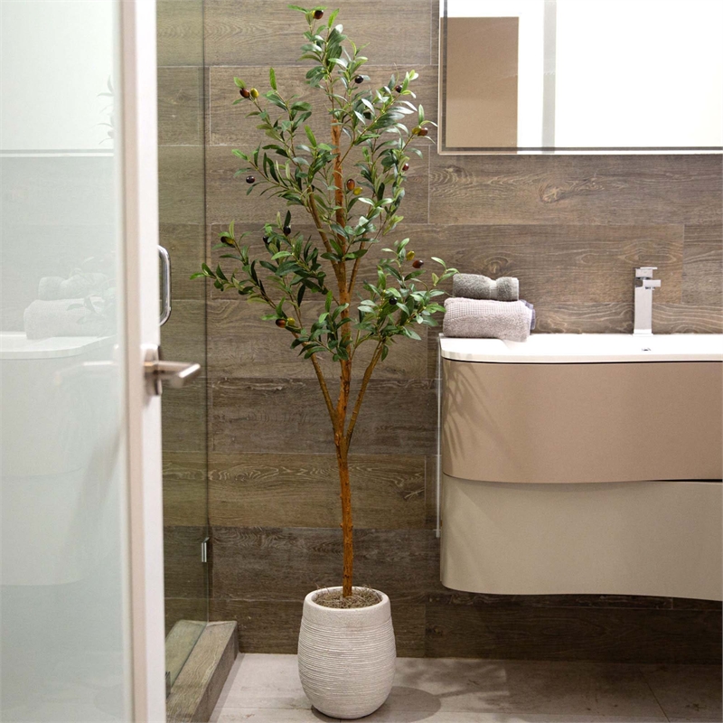 Nearly Natural 5ft Artificial Olive Tree with Natural Trunk in Green