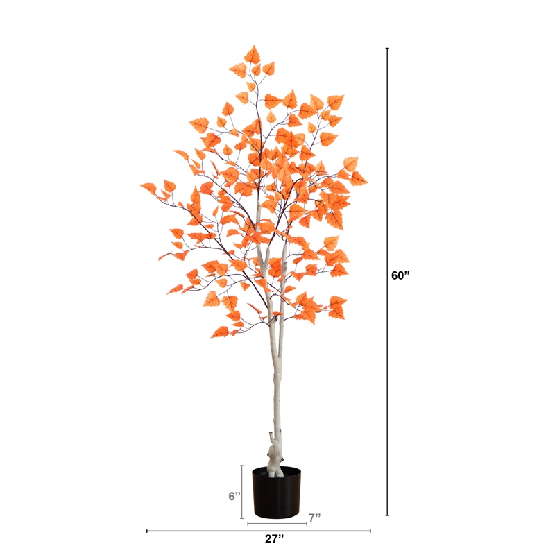 Nearly Natural 5ft Autumn Paper Birch Artificial Fall Tree in Orange