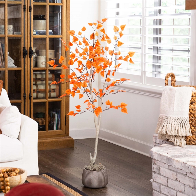 Nearly Natural 5ft Autumn Paper Birch Artificial Fall Tree in Orange