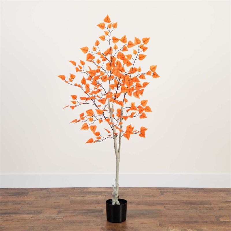 Nearly Natural 5ft Autumn Paper Birch Artificial Fall Tree in Orange