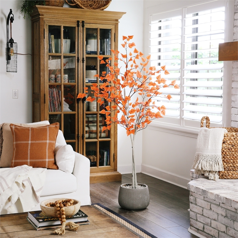 Nearly Natural 6ft Autumn Paper Birch Artificial Fall Tree in Orange
