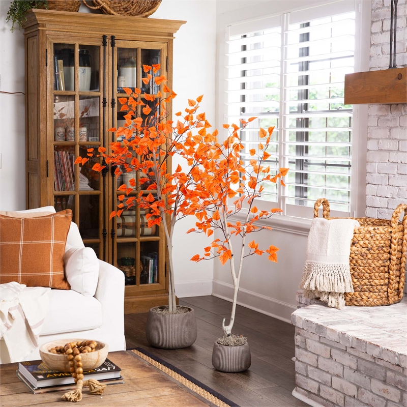 Nearly Natural 6ft Autumn Paper Birch Artificial Fall Tree in Orange