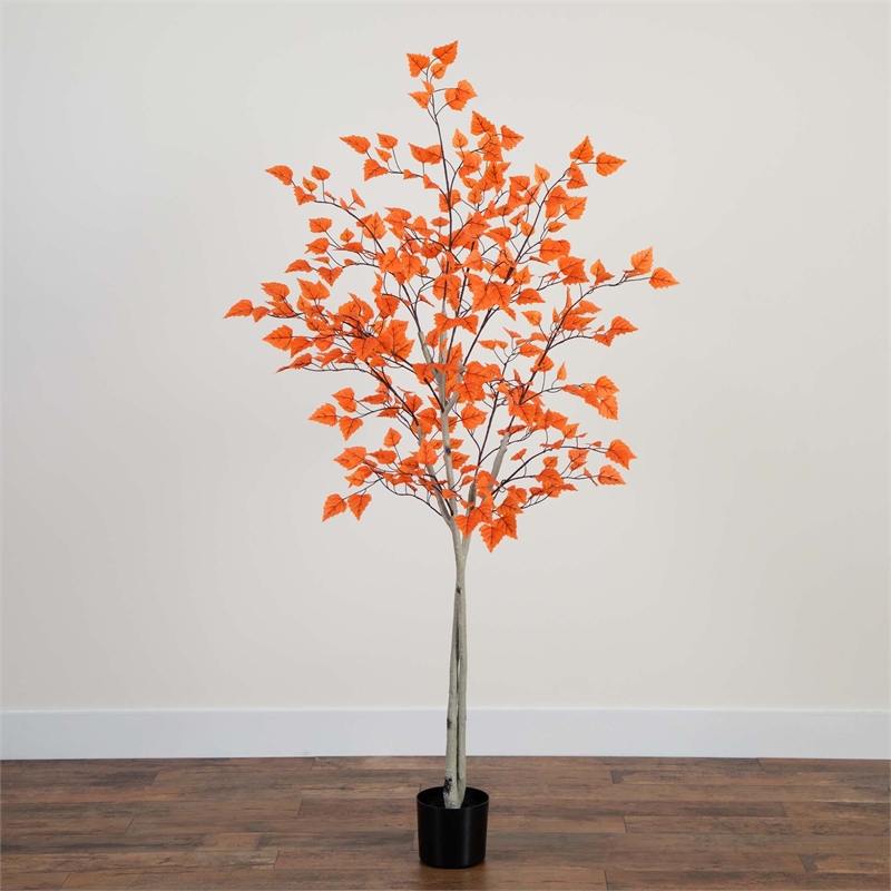 Nearly Natural 6ft Autumn Paper Birch Artificial Fall Tree in Orange