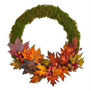 Nearly Natural 20&quot Fall Maple Leaf & Berries Artificial Autumn Wreath in Orange