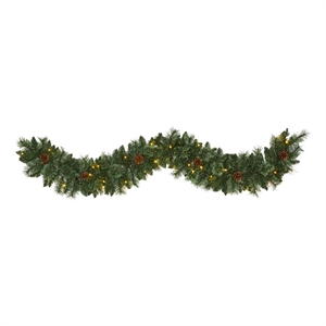 Nearly Natural 6ft White Mountain Pine Garland w/ 35 White Warm LED