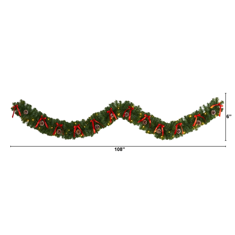Nearly Natural 9ft Bow & Pinecone Artificial Christmas Garland w/ 35 Clear