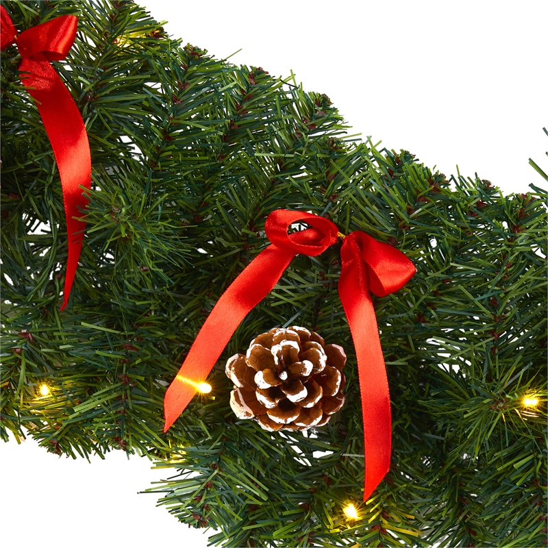 Nearly Natural 9ft Bow & Pinecone Artificial Christmas Garland w/ 35 Clear