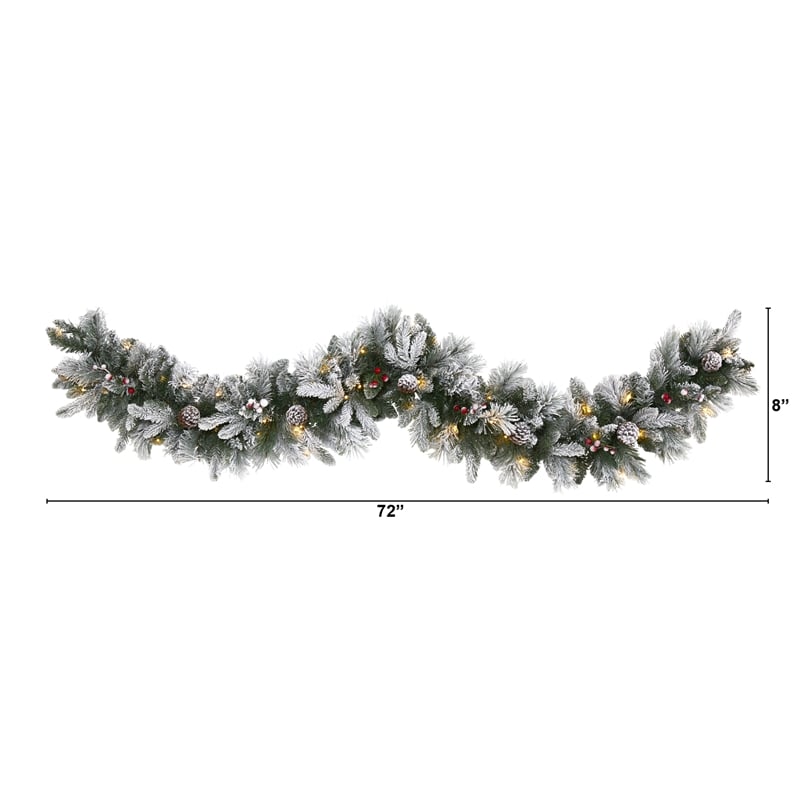 Nearly Natural 6ft Flocked Mixed Pine Christmas Garland w/50 LED Lights in Green