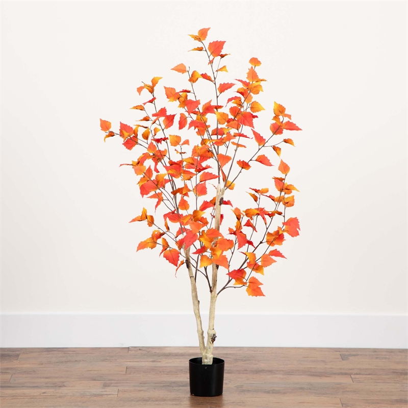 Nearly Natural 4ft Autumn Birch Artificial Fall Tree in Orange