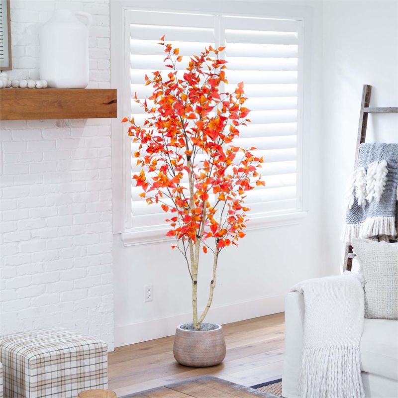 Nearly Natural 7ft Autumn Birch Artificial Fall Tree in Orange