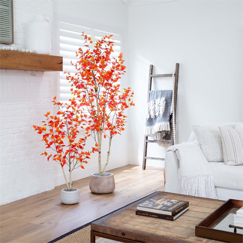 Nearly Natural 7ft Autumn Birch Artificial Fall Tree in Orange