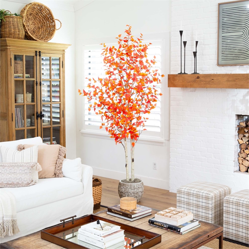 Nearly Natural 8ft Autumn Birch Artificial Fall Tree in Orange