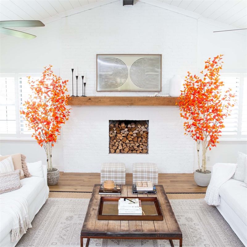 Nearly Natural 8ft Autumn Birch Artificial Fall Tree in Orange
