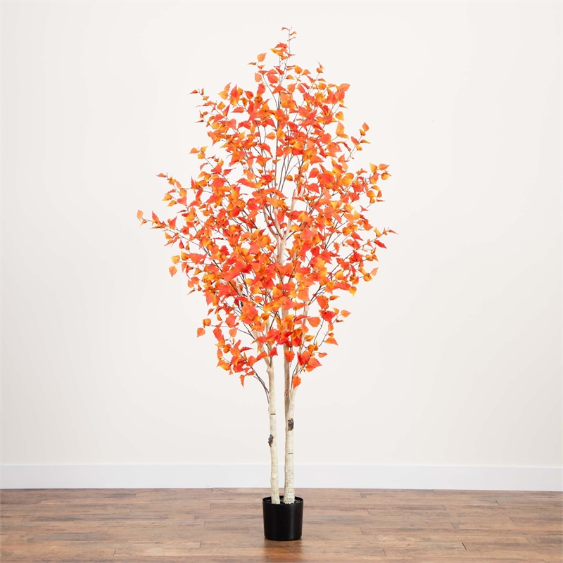 Nearly Natural 8ft Autumn Birch Artificial Fall Tree in Orange