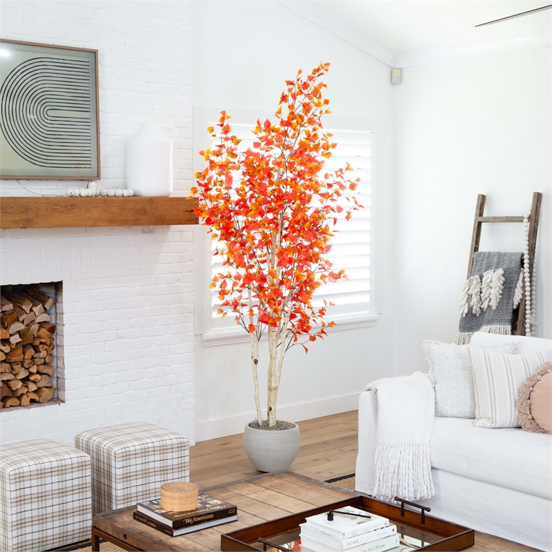 Nearly Natural 9ft Autumn Birch Artificial Fall Tree in Orange