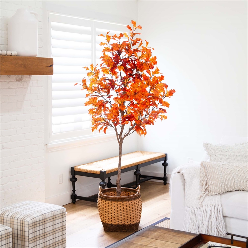 Nearly Natural 7ft Autumn Oak Artificial Fall Tree in Orange