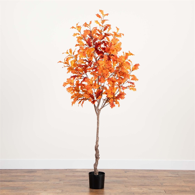 Nearly Natural 7ft Autumn Oak Artificial Fall Tree in Orange