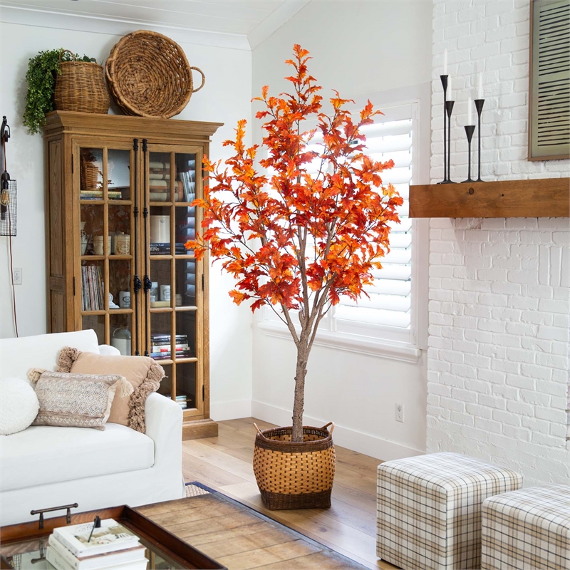 Nearly Natural 8ft Autumn Oak Artificial Fall Tree in Orange